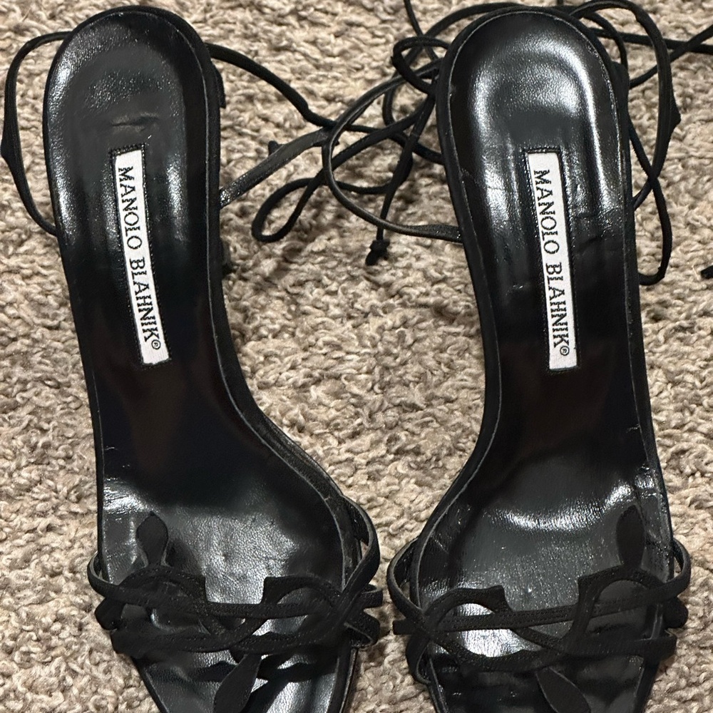 Manolo Blahnik Black Stiletto Heels with Ankle Straps